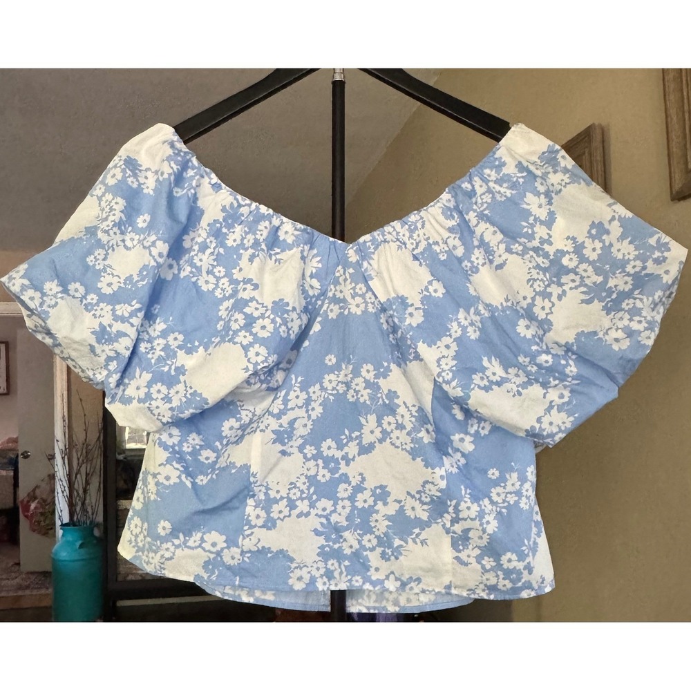 Marc New York Andrew Marc Floral Puff Sleeve Top L Blue White MSRP $79